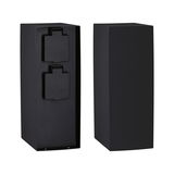Black rectangular outdoor wall light housing in metal with two socket covers