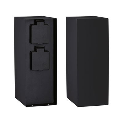 Black rectangular outdoor wall light housing in metal with two socket covers