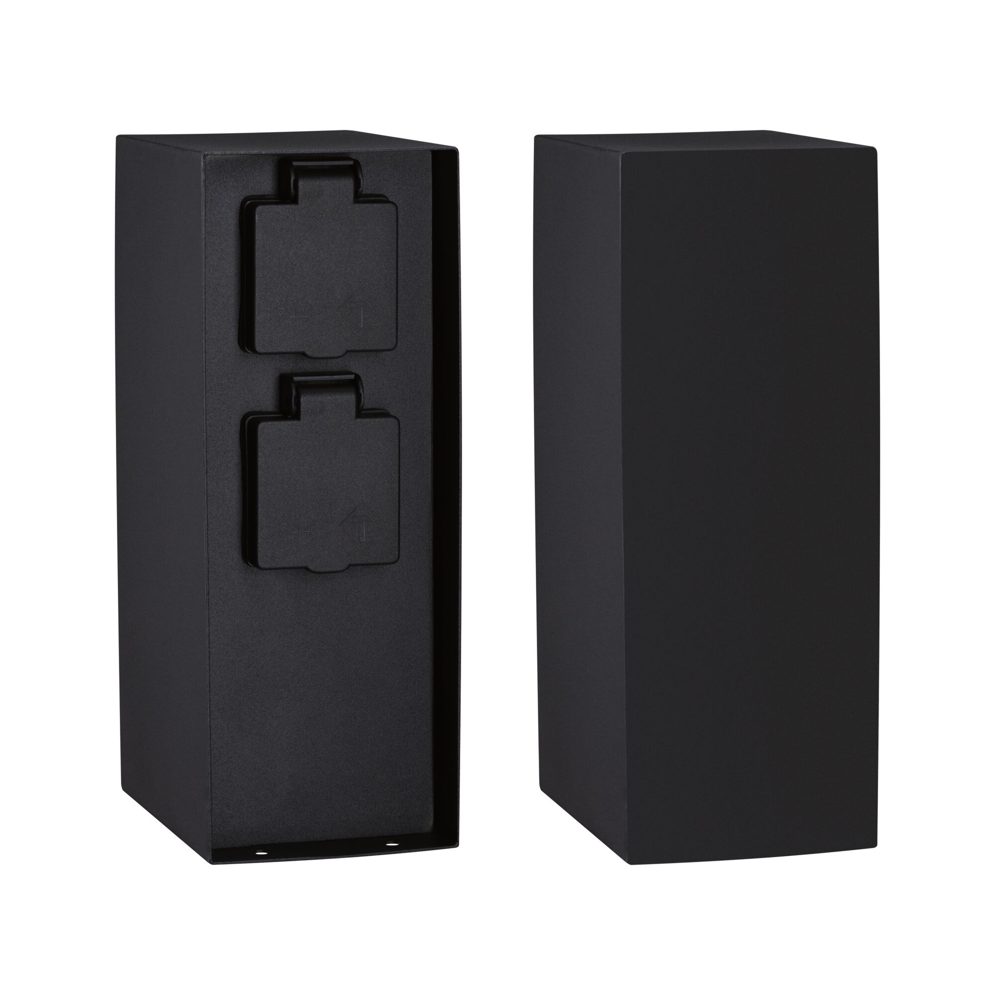 Black rectangular outdoor wall light housing in metal with two socket covers