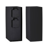 Black rectangular outdoor wall light housing in metal with two socket covers