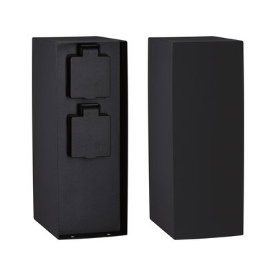 Black rectangular outdoor wall light housing in metal with two socket covers