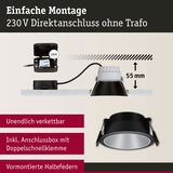 Schwarzer LED-Einbaustrahler mit 55 mm Einbautiefe und Anschlussbox für einfache 230 V Direktmontage