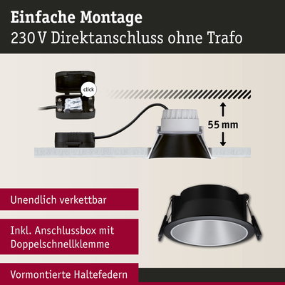 Schwarzer LED-Einbaustrahler mit 55 mm Einbautiefe und Anschlussbox für einfache 230 V Direktmontage