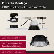 Schwarzer Einbaustrahler mit silberner Front und Anschlussbox für 230V Direktanschluss ohne Trafo