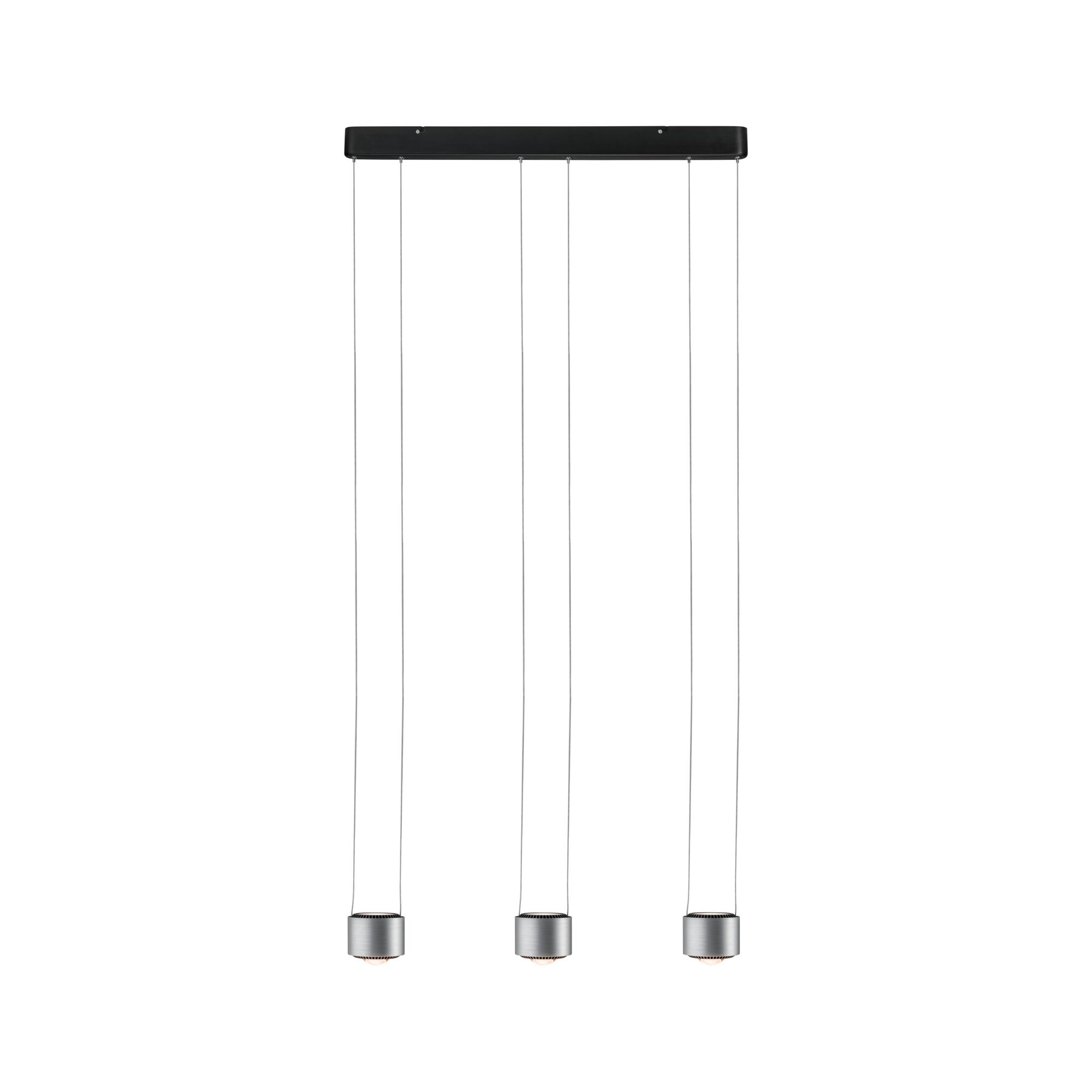 Suspension moderne à trois lampes en aluminium brossé argenté pour éclairage intérieur.