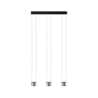 Suspension moderne à trois lampes en aluminium brossé argenté pour éclairage intérieur.