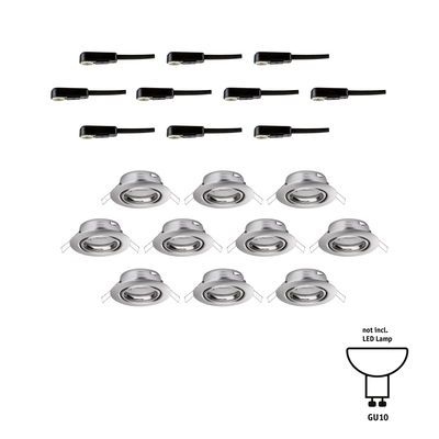 Twaalf ronde inbouwspots van geborsteld aluminium met zwarte kabelconnectoren, GU10 fitting.