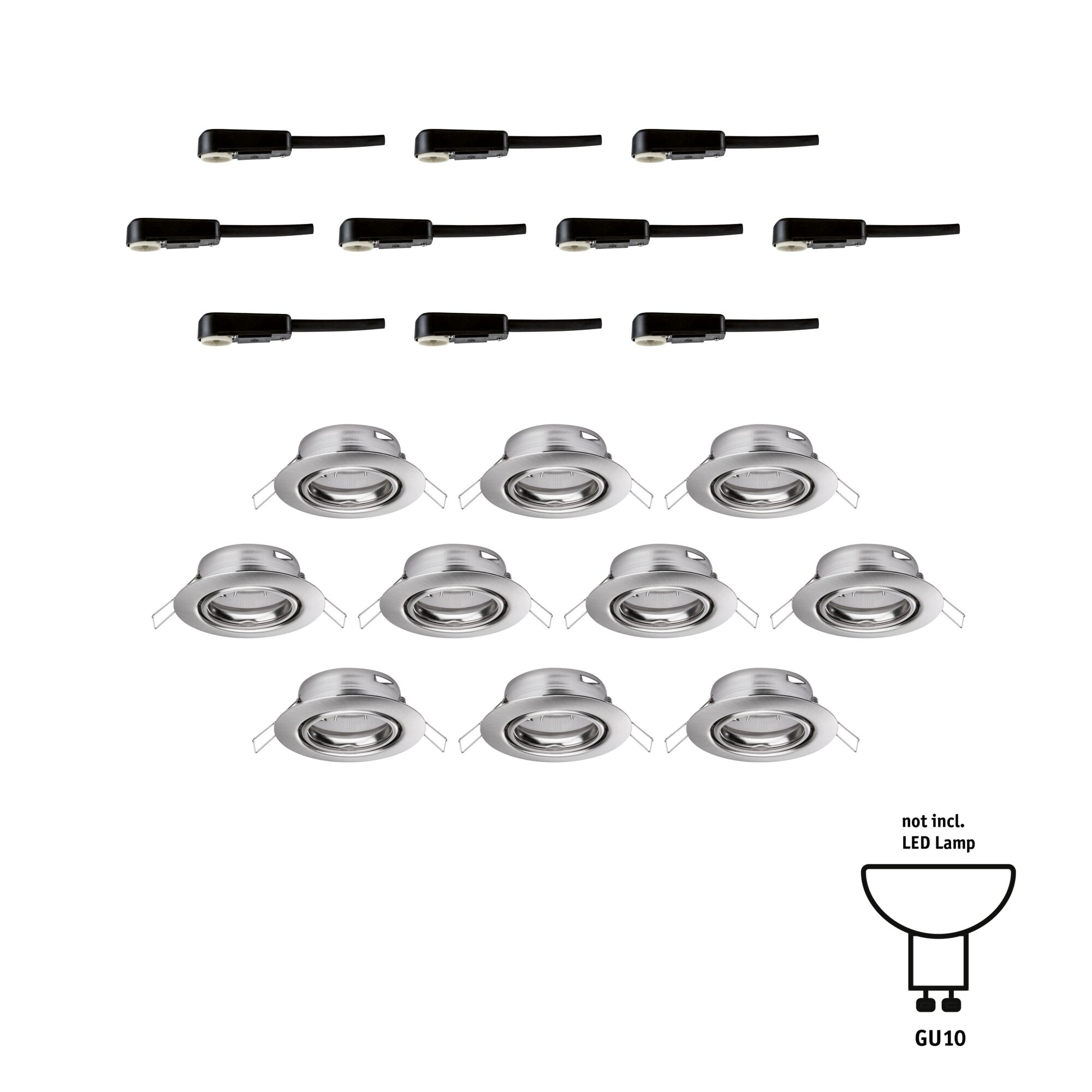 Zwölf runde Einbaustrahler aus gebürstetem Aluminium mit schwarzen Kabelanschlüssen, GU10 Fassung.
