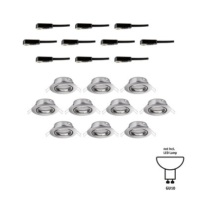 Zwölf runde Einbaustrahler aus gebürstetem Aluminium mit schwarzen Kabelanschlüssen, GU10 Fassung.