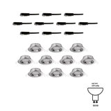 Zwölf runde Einbaustrahler aus gebürstetem Aluminium mit schwarzen Kabelanschlüssen, GU10 Fassung.