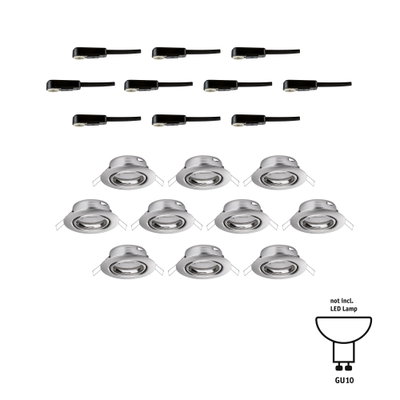 Zwölf runde Einbaustrahler aus gebürstetem Aluminium mit schwarzen Kabelanschlüssen, GU10 Fassung.