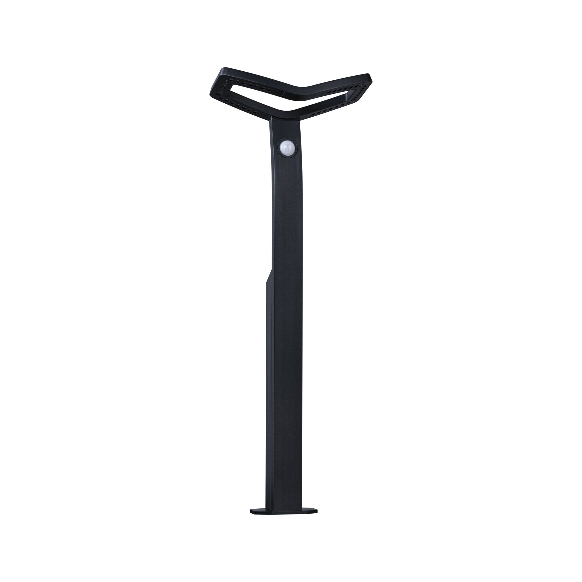 Zwarte LED-buitenlamp met bewegingssensor en modern Y-vormig metalen ontwerp voor tuinverlichting.