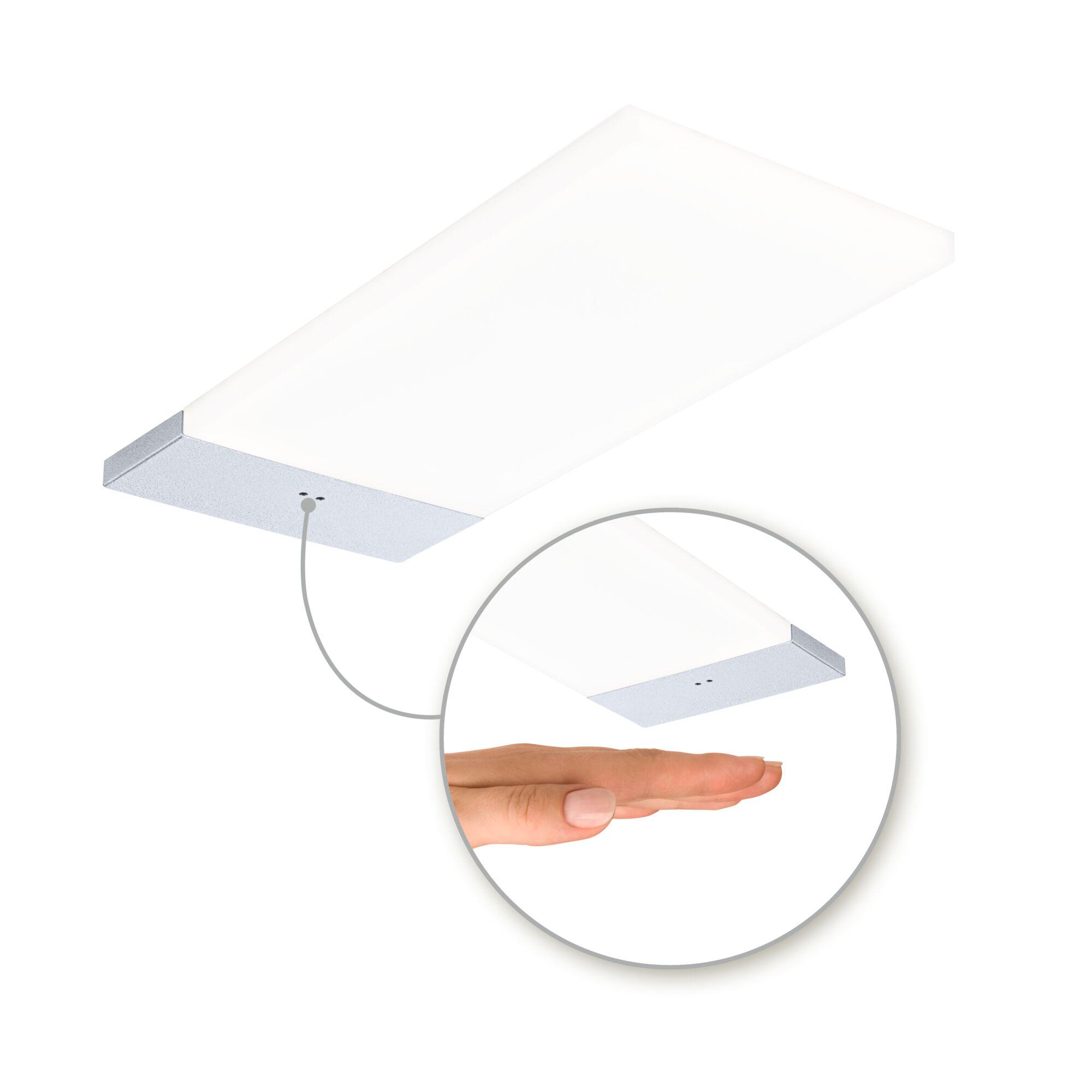Rechthoekige witte LED-plafondlamp met zilverkleurig aluminium frame en contactloze bediening