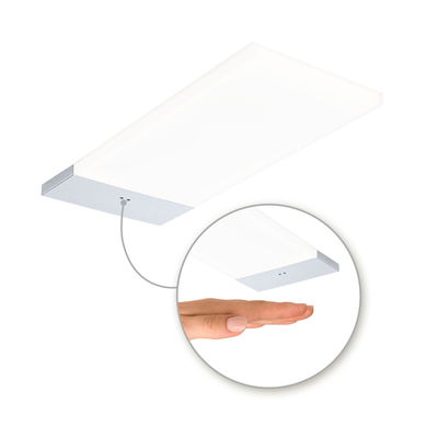 Rectangular white LED ceiling light with silver aluminum frame and touchless control sensor