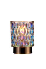 Colorful glass table lamp with patterned shade and bronze metal base for ambient lighting