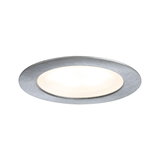 Round LED recessed light with brushed aluminum frame and warm white light for living spaces
