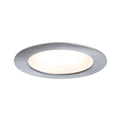 Round LED recessed light with brushed aluminum frame and warm white light for living spaces