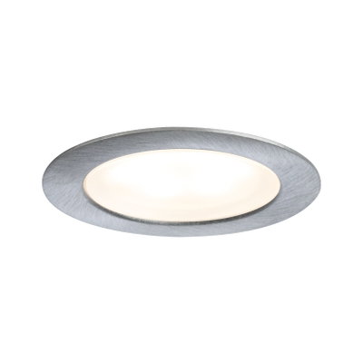 Round LED recessed light with brushed aluminum frame and warm white light for living spaces