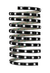 Black LED strip with white LEDs and 3M adhesive backing for flexible lighting solutions.