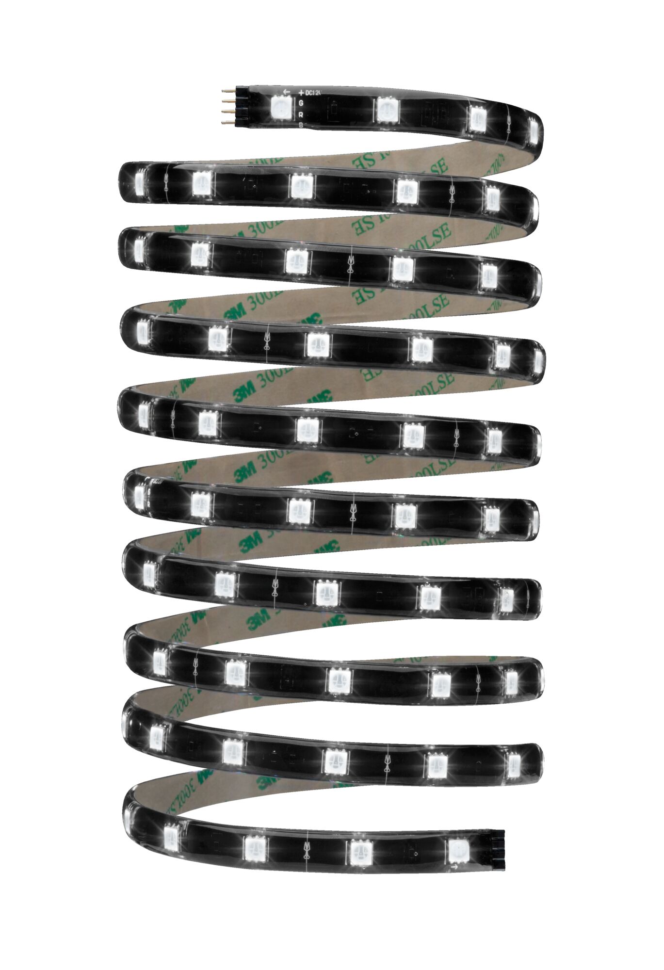 Black LED strip with white LEDs and 3M adhesive backing for flexible lighting solutions.