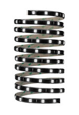 Black LED strip with white LEDs and 3M adhesive backing for flexible lighting solutions.