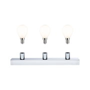 Chromfarbene LED-Deckenleuchte mit drei Fassungen und warmweißen Glühbirnen für modernes Lichtdesign