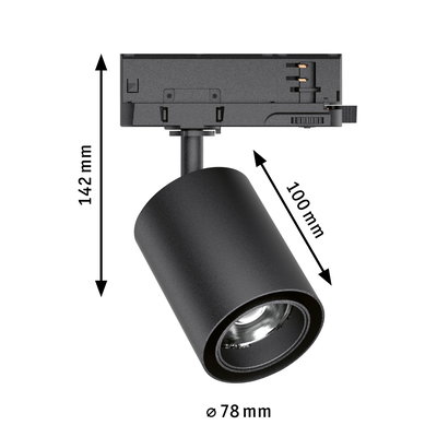 Schwarzer LED-Strahler aus Metall mit 78 mm Durchmesser und 142 mm Höhe für moderne Innenbeleuchtung