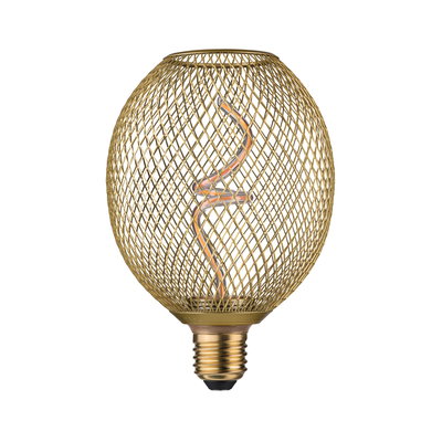 Gouden LED-lamp met spiraalvormig filament en decoratief metalen gaas voor stijlvolle verlichting