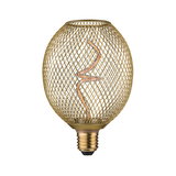 Gold LED bulb with spiral filament and decorative metal mesh for elegant lighting design