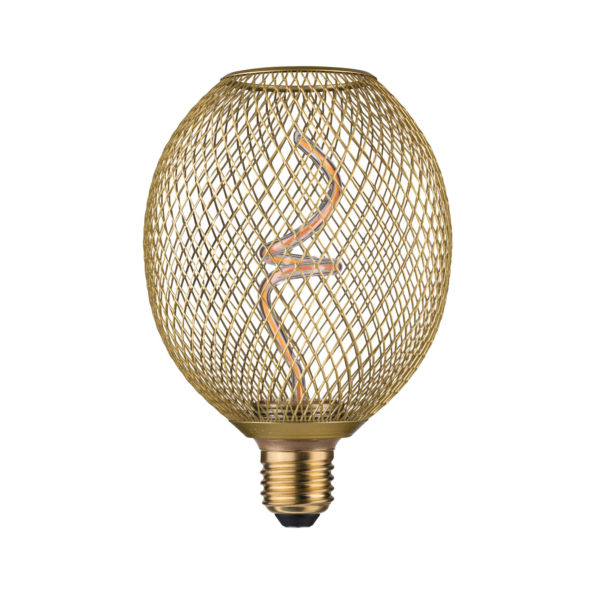 Goldfarbene LED-Lampe mit spiralförmigem Leuchtmittel und dekorativem Metallgitter für stilvolle Beleuchtung