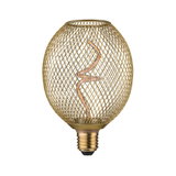 Gouden LED-lamp met spiraalvormig filament en decoratief metalen gaas voor stijlvolle verlichting