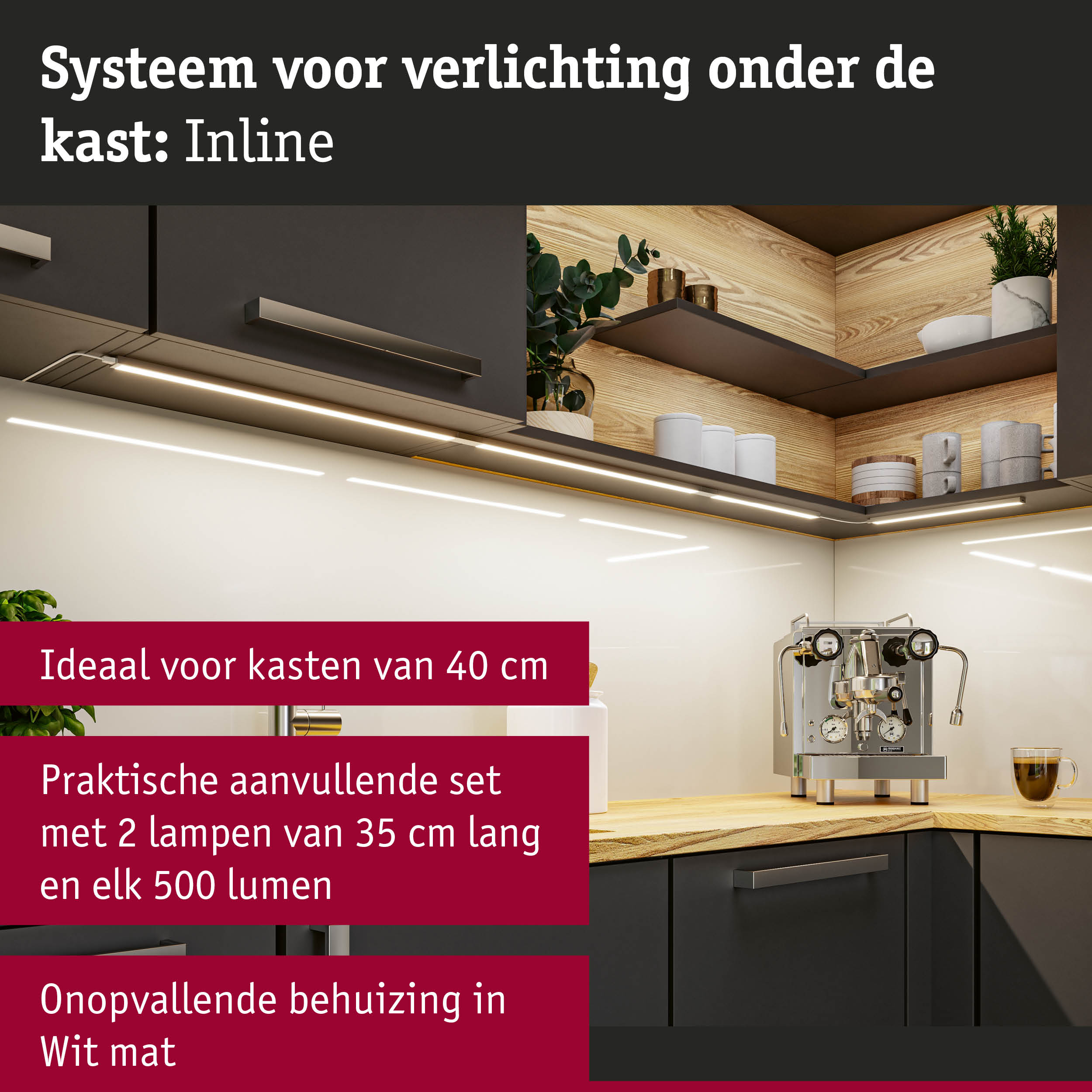Mat witte LED onderbouwverlichting met 2 lampen van 35 cm en 500 lumen, geschikt voor 40 cm kasten