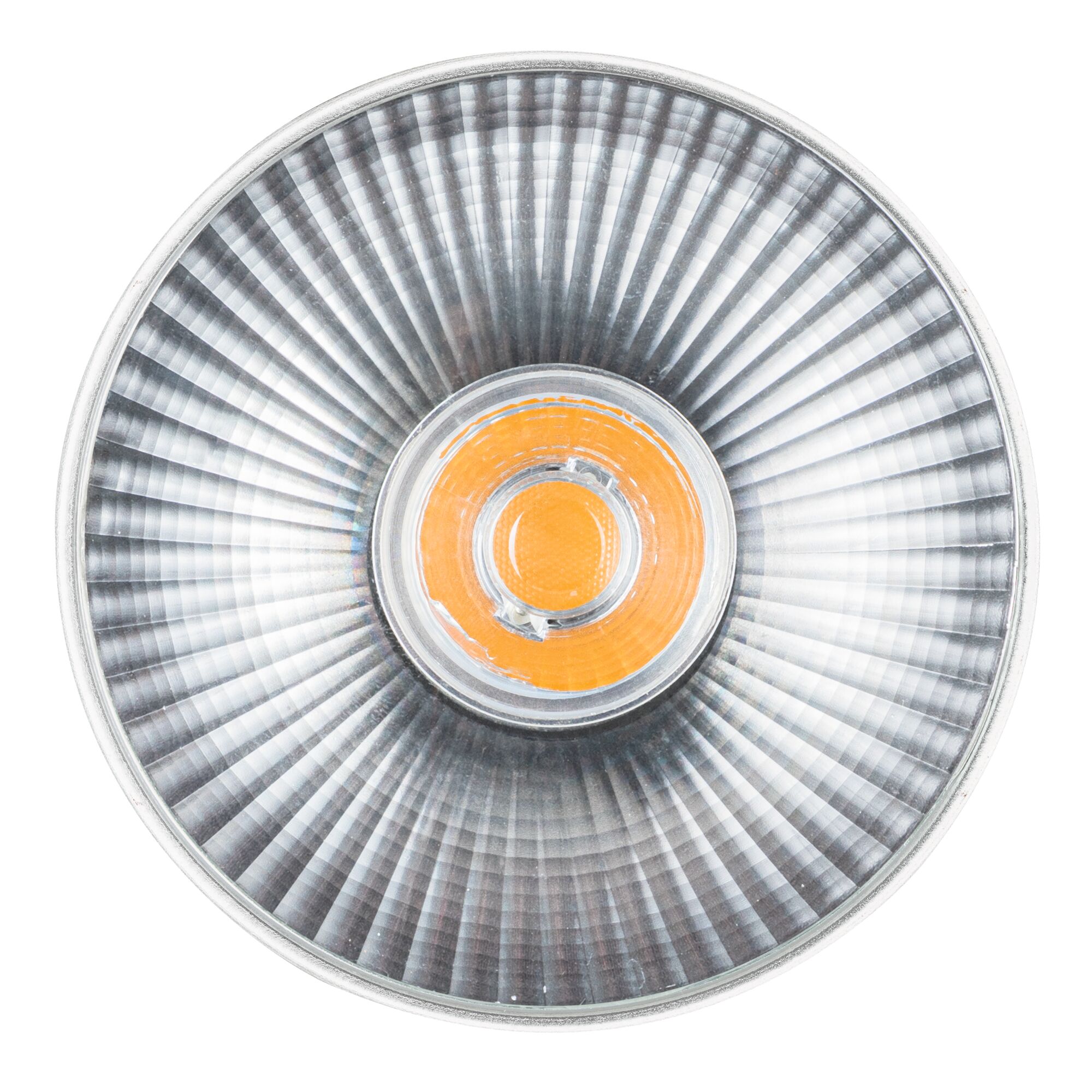 Round spotlight with silver aluminum reflector and orange LED light for accent lighting in interiors