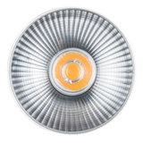Rundstrahler mit silberner Aluminiumreflektorfläche und orangefarbenem LED-Leuchtmittel für Akzentbeleuchtung