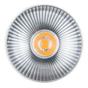 Rundstrahler mit silberner Aluminiumreflektorfläche und orangefarbenem LED-Leuchtmittel für Akzentbeleuchtung