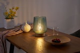 Green glass table lamp with wooden base on wooden table beside vase and decorative flowers for ambient lighting