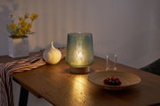 Green glass table lamp with wooden base on wooden table beside vase and decorative flowers for ambient lighting