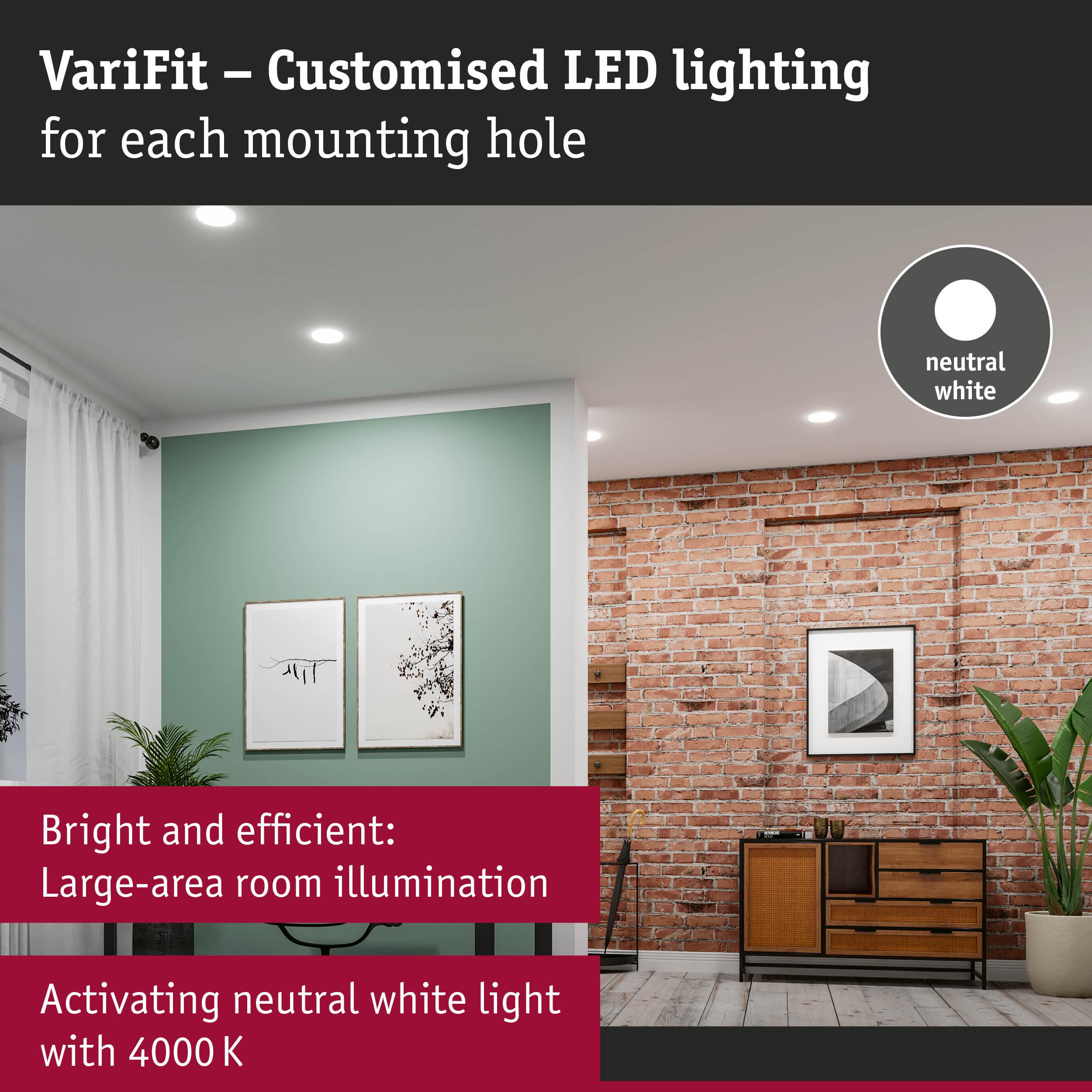 Modern living room with neutral white LED ceiling lights providing bright, efficient room illumination