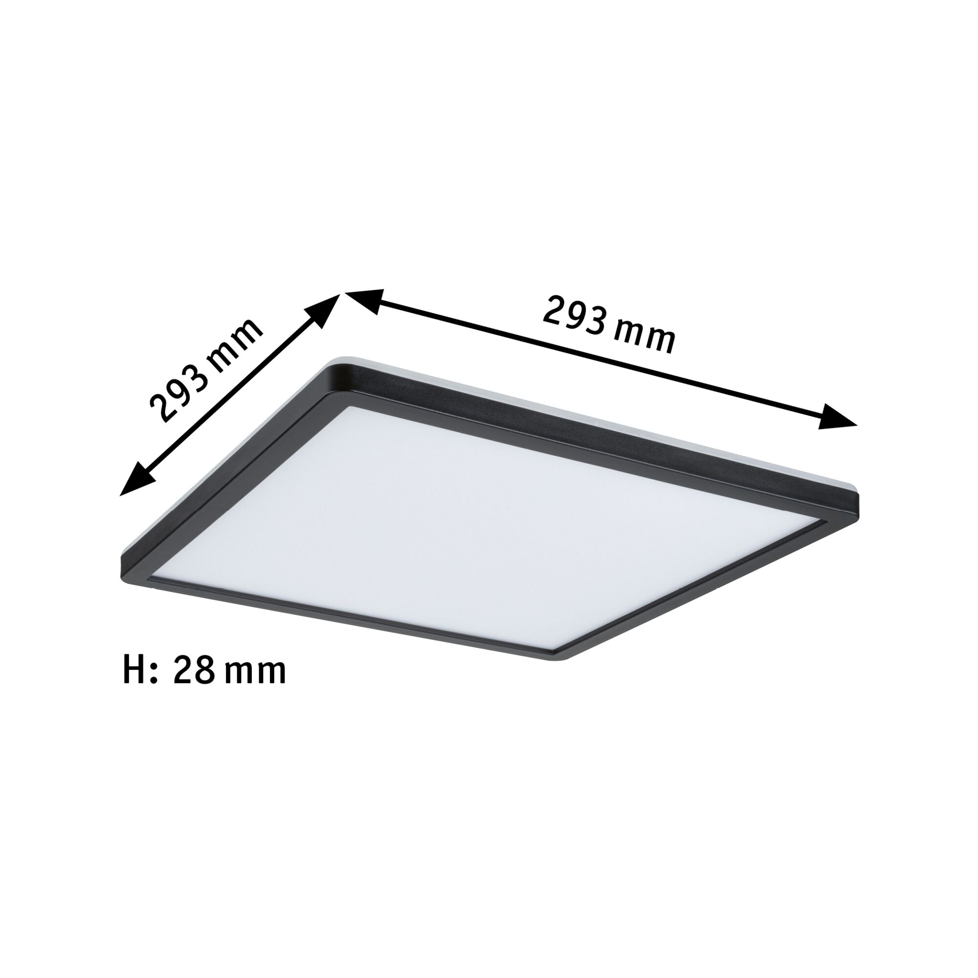 Firkantet sort LED-loftlampe med hvid diffuser, mål 293x293x28 mm, moderne rumbelysning