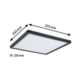 Square black LED ceiling light with white diffuser, dimensions 293x293x28 mm, modern room lighting fixture