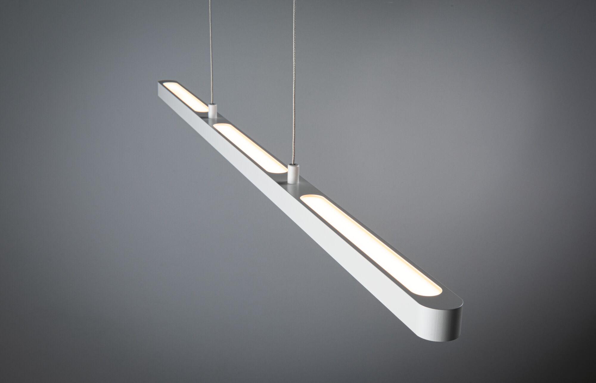 Modern white metal LED pendant light with warm white illumination for living spaces