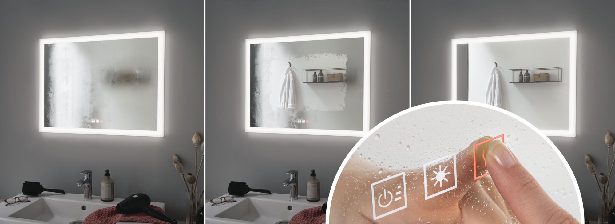 Rectangular bathroom mirror with LED lighting and anti-fog function, modern design for bathroom use.