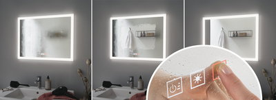 Rechthoekige badkamerspiegel met LED-verlichting en anti-condensfunctie, modern ontwerp voor badkamer.