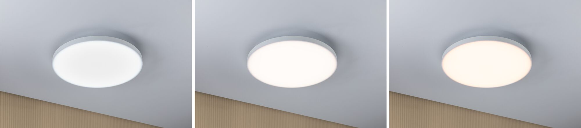 Drei weiße runde LED-Deckenleuchten mit verschiedenen Lichtfarben für modernes Raumlicht