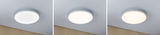 Drei weiße runde LED-Deckenleuchten mit verschiedenen Lichtfarben für modernes Raumlicht