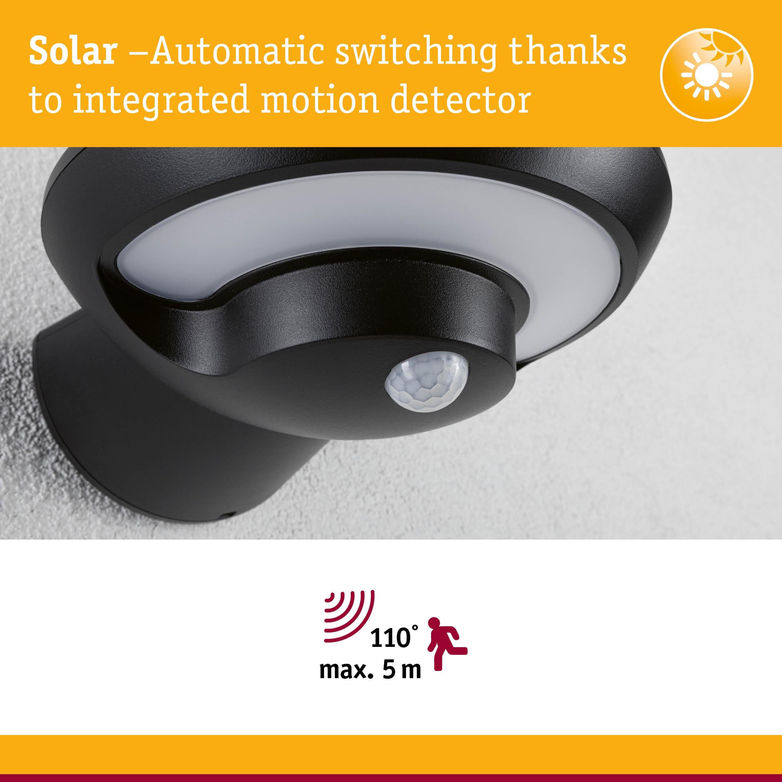 Black solar outdoor light with integrated motion sensor and 110° detection angle up to 5 meters