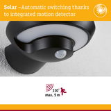 Black solar outdoor light with integrated motion sensor and 110° detection angle up to 5 meters
