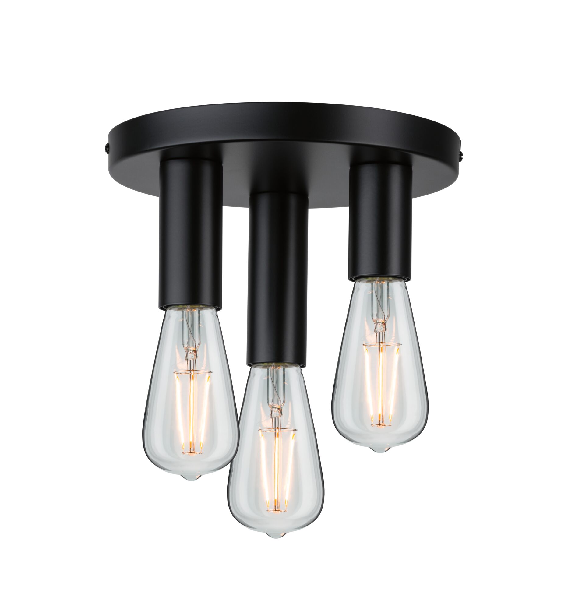 Ceiling light with three clear bulbs and matte black metal housing for modern interior lighting