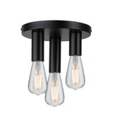 Ceiling light with three clear bulbs and matte black metal housing for modern interior lighting