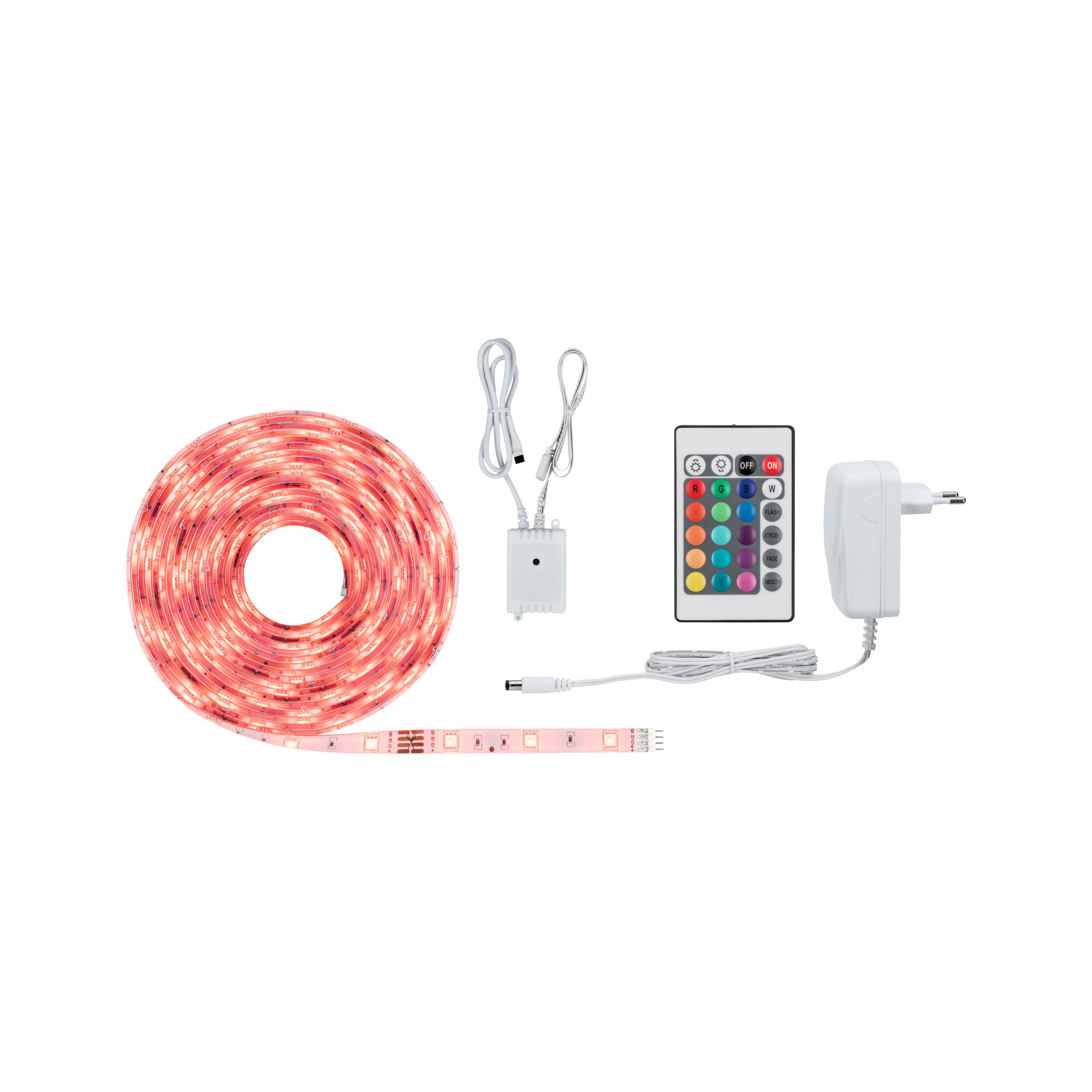 SimpLED Strip LED RGB Kit complet 5m revêtue 17W 120lm/m 30 LEDs/m RGB 24VA Bande LED blanche avec télécommande et adaptateur, ruban LED multicolore pour éclairage d'ambiance